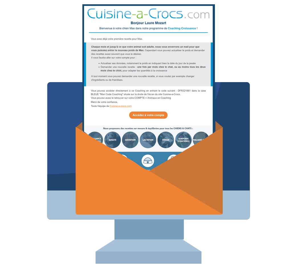 Email de suivi d'un chiot en coaching croissance