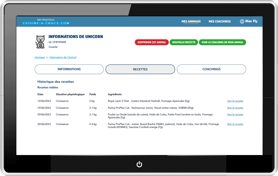 Mon compte particulier Cuisine-a-crocs - Mes animaux en Coaching - Hstorique des recettes