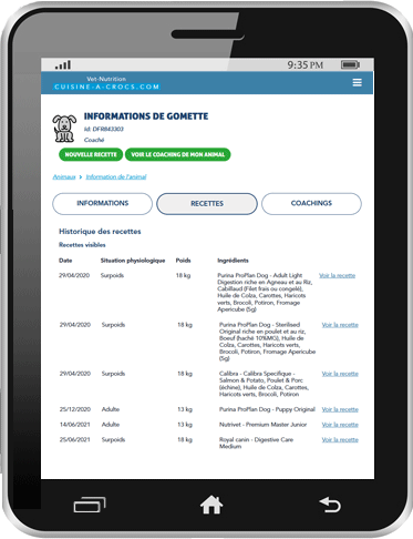 Mon compte particulier- mes animaux en coaching - historique des recettes - tablette